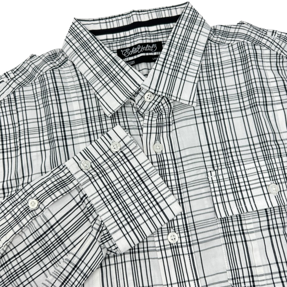 ECKO UNLTD Black White Plaid Long Sleeve Button Up Dress Hip Hop Shirt NWT Large